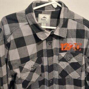 Roots Canada 73 Black Gray Buffalo Check Plaid Flannel Shirt Button Up Mens XL